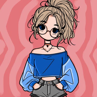 girl with a messy ponytail glasses a baggy crop top and jean shorts