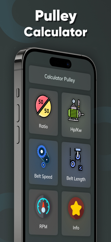 Pulley & Belt calculator - Smartphone screen showing the main menu of the Pulley and Belt calculator app with icons for ratio horsepower belt speed and length calculations