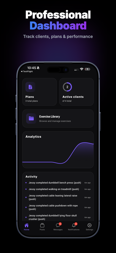 ProCoach: Fitness Coaching App - Professional dashboard of ProCoach fitness app showing client activity and performance analytics