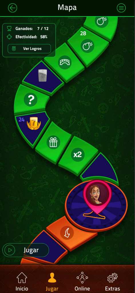 Interactive game map screen in Escoba Blyts showing player level progression and stats