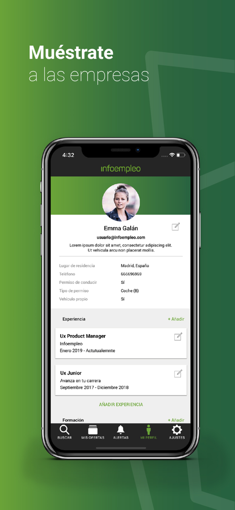 Infoempleo -Trabajo y empleo - Infoempleo 구직 앱에서 전문 프로필을 보여주는 스마트폰 화면