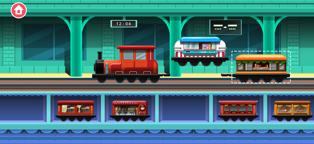 Train Builder Games for kids - 子供向けゲームの駅の設定で、赤いおもちゃの機関車とカラフルな車両が組み立てられている様子。