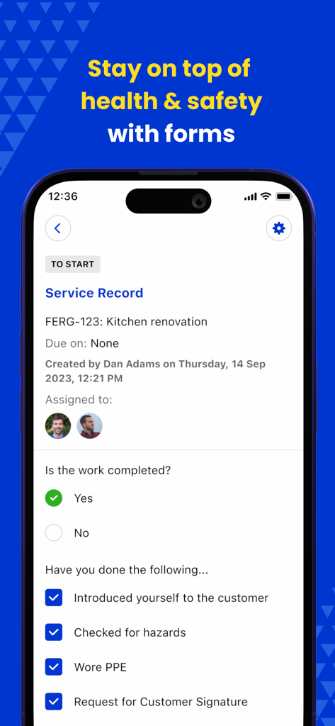 Fergus Go mobile app displaying a health and safety service record form with a job checklist for contractors
