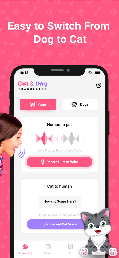 Cat & Dog Translator - Dogify - Interface of the Cat and Dog Translator app showing the switch between dog and cat modes and the voice translation feature
