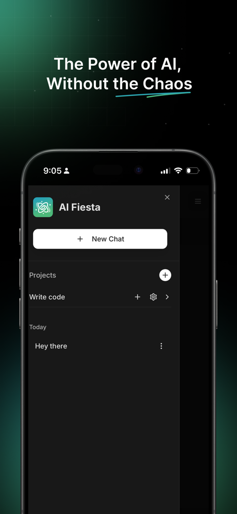 AI Fiesta - AI Fiesta mobile app interface showing an organized chat dashboard with projects and a new chat button in dark mode