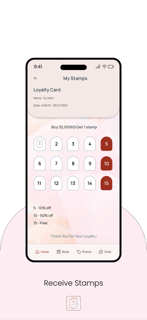 Barbie's Studio - Digital loyalty card screen in the Barbies Studio app displaying a stamp collection system for nail salon discounts