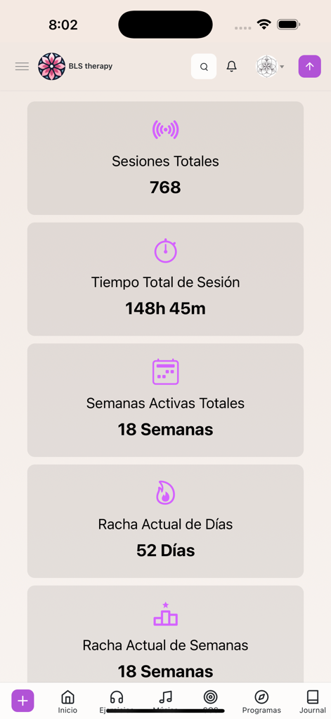 BLS therapy - Activity dashboard of the BLS Therapy app showing session history and daily usage streaks.