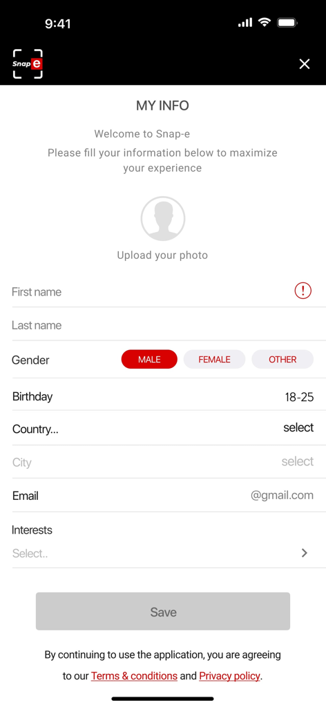 Página de registro de perfil do usuário no aplicativo móvel Snap-e Scan, mostrando campos de formulário de informações pessoais.