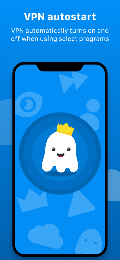 VPN MAX: Super Secure Proxy - Captura de tela do aplicativo VPN MAX mostrando o recurso de autostart de VPN com um mascote fantasma coroado em um fundo azul.