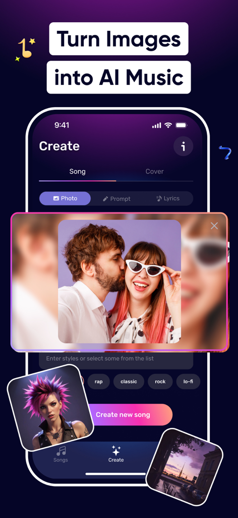 AIR Music - AI Song Generator - AIR Music App-Oberfläche zeigt die Funktion 'Bilder in KI-Musik umwandeln' mit einem Foto eines Paares.