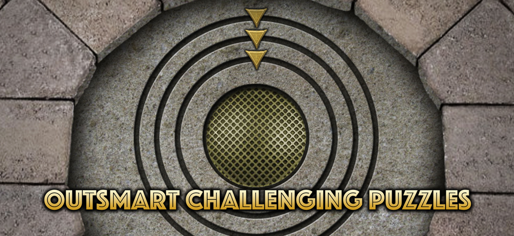 The Lost Treasure - A circular stone mechanical puzzle in The Lost Treasure game with the text Outsmart Challenging Puzzles