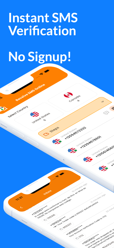 Receive SMS Online Temporary - App-Bildschirme, die temporäre virtuelle Telefonnummern für USA und Kanada und eine Inbox mit sofortigen SMS-Verifizierungscodes zeigen