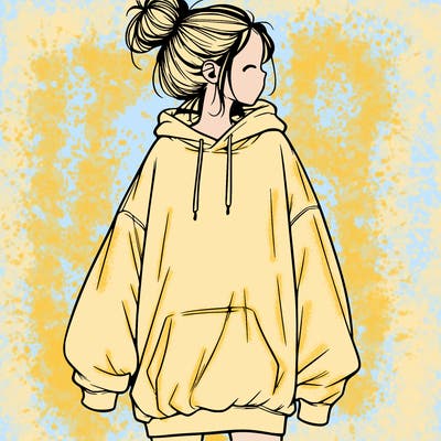 realistic girl with a oversized sweatshirt on and a bun