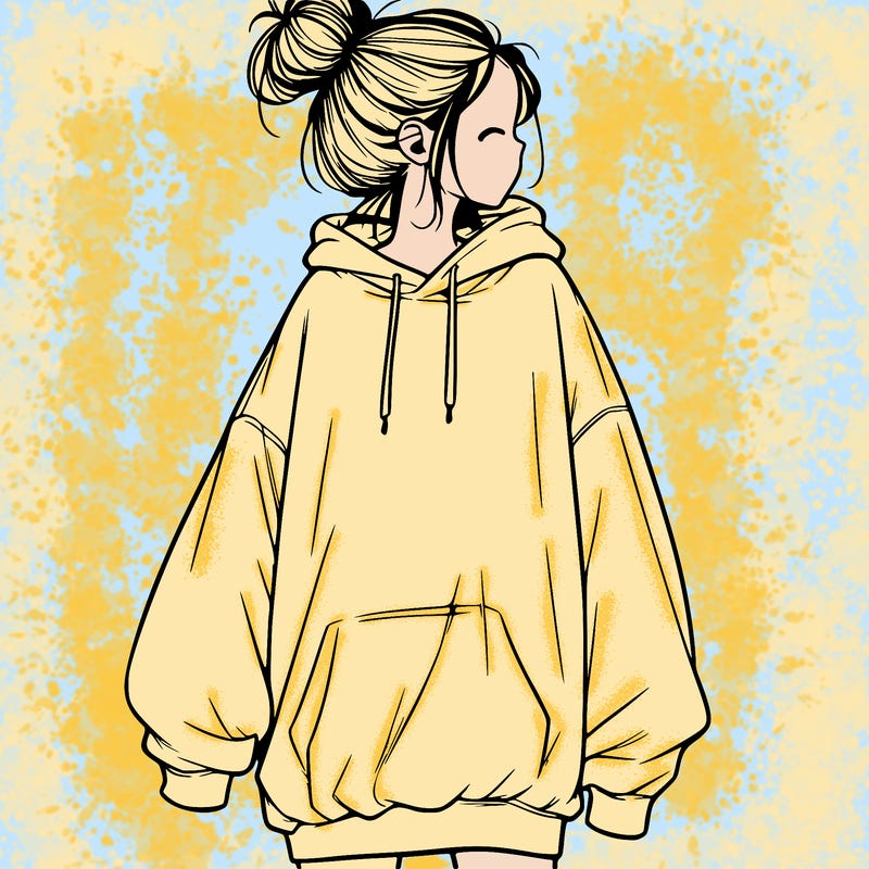 realistic girl with a oversized sweatshirt on and a bun