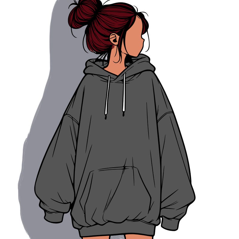 realistic girl with a oversized sweatshirt on and a bun
