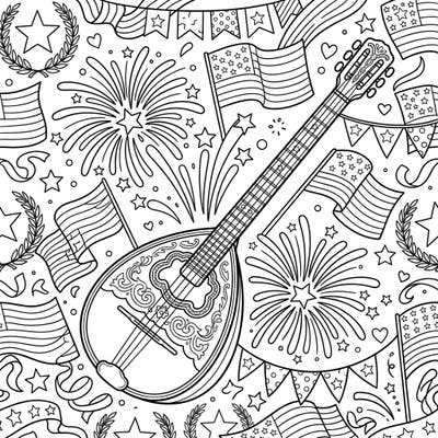 Get ready to celebrate Independence Day with a unique musical twist on this vibrant coloring page! Featuring a beautiful bouzouki surrounded by patriotic symbols, fireworks, and flags, it offers a festive coloring experience for all ages.