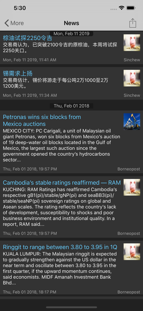 KLSE Screener - Financial news feed section of the KLSE Screener app showing market headlines and economic updates.