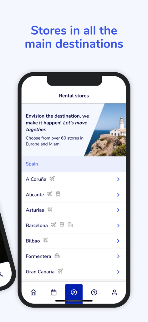 OK Mobility - Écran de l'application OK Mobility montrant une liste de lieux de location de voitures en Europe et à Miami