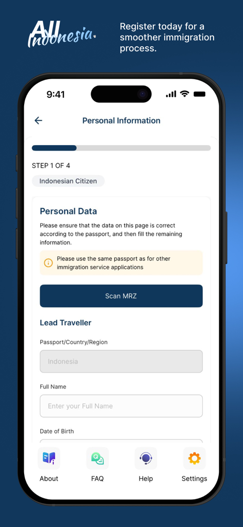 Screenshot dell'app All Indonesia che mostra la fase di registrazione dei dati personali per i viaggiatori.