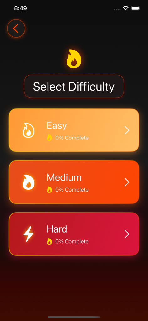 Pantalla de selección de dificultad de RoadForCup con niveles de rompecabezas Fácil, Medio y Difícil