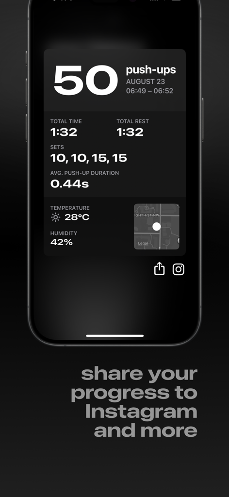 A detailed push-up workout summary screen in the pushr app featuring sets reps and sharing options