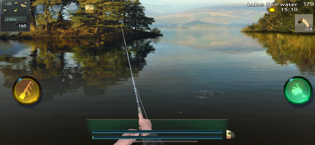 Fishing: World of Fishers - First-person gameplay of Fishing World of Fishers simulator showing a fishing rod over a calm lake