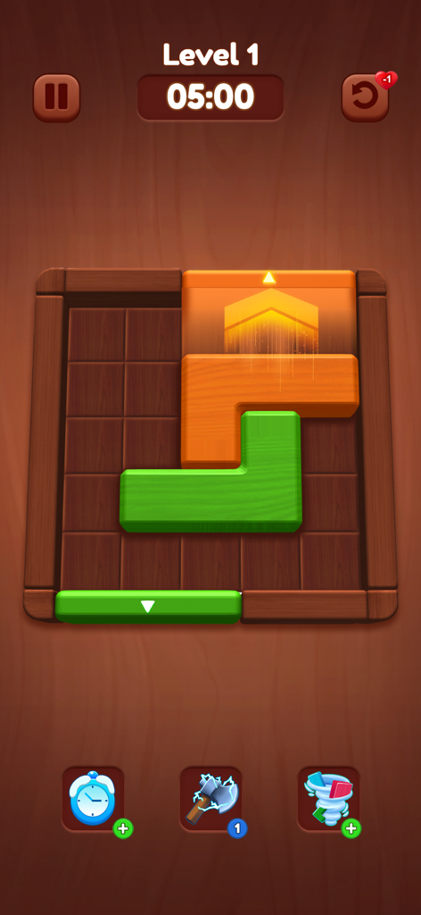 Pantalla de juego del nivel uno de Woody Puzzle Slide Out mostrando bloques de madera en una cuadrícula.