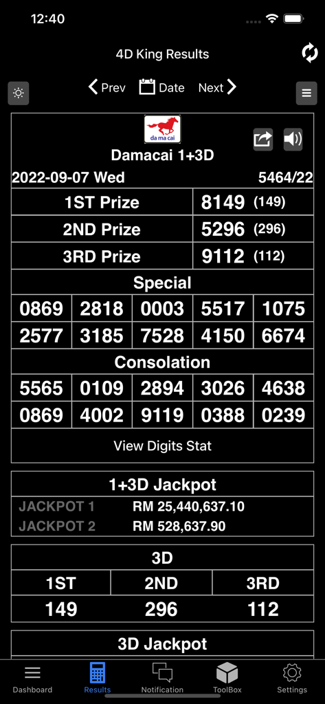Interface of the 4D King app showing real-time Damacai 1 plus 3D lottery results including first prize and jackpot amounts