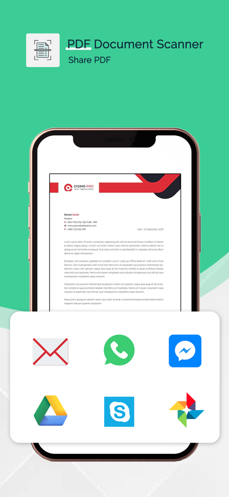 PDF Document Scanner Editor - Uma interface de smartphone mostrando um documento digitalizado e um menu de opções de compartilhamento, incluindo e-mail e aplicativos de mensagens