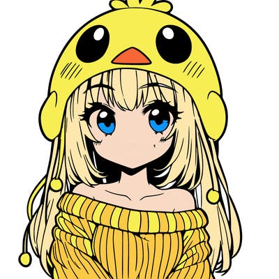 anime girl with chick shaped hat with sweater with bare shoulders with bangs covering them one eye with low tail