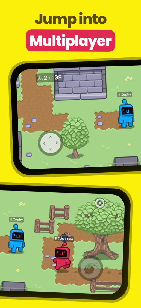 Radioh! - Walkie Talkie Radio - A top-down view of a pixel art multiplayer mini-game in the Radioh app where players interact using voice chat.