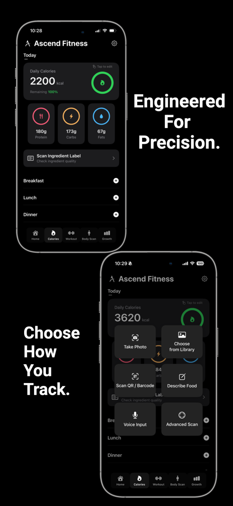 Ascend Fitness-Calories/Gym - Ascend Fitness app interface displaying daily calorie goals macro breakdowns and multiple food logging methods