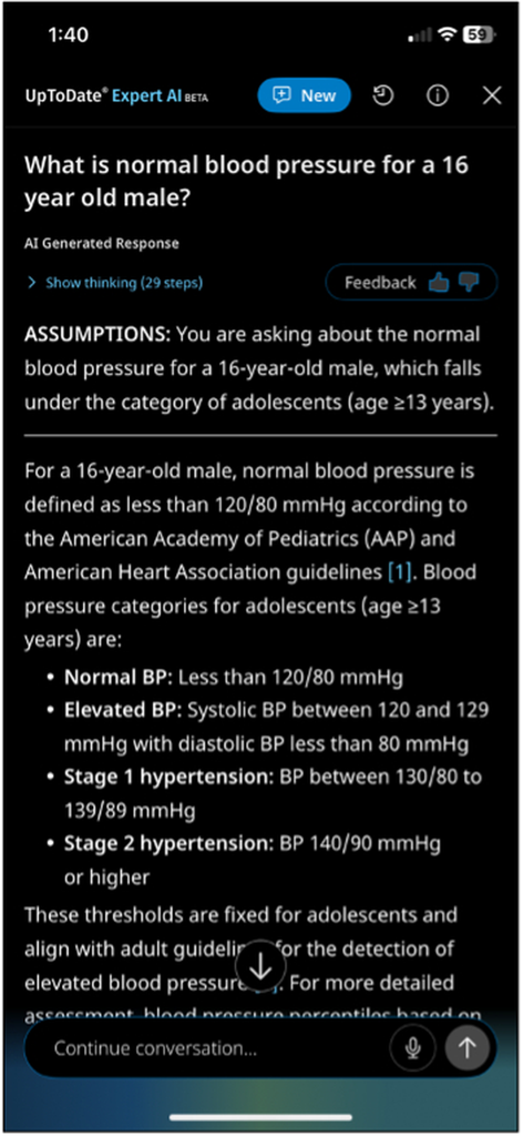 UpToDate Expert AI interface showing a clinical response for adolescent blood pressure guidelines