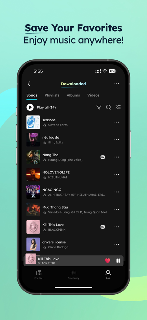 NCT - NhacCuaTui Nghe MP3 - Interface de l'application NhacCuaTui affichant une liste de chansons téléchargées pour une écoute hors ligne.