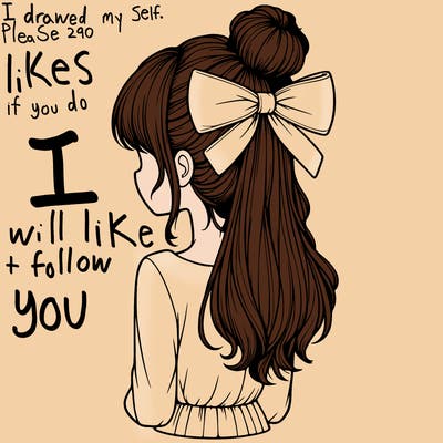 realistic girl  with hip length hair a bun and a big bow on the back of head