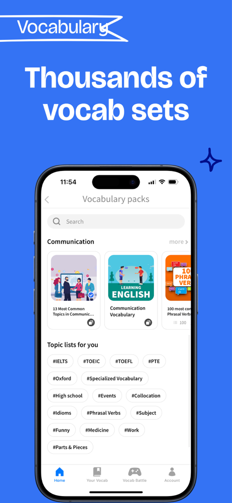 4English - Daily English Vocab - コミュニケーションや専門語彙などのカテゴリがあり、IELTSやTOEICなどの試験向け英語語彙パックが表示されたモバイルアプリの画面。
