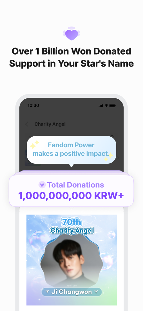 CHOEAEDOL CELEB app screen showing over 1 billion won in charity donations for K-drama actors.