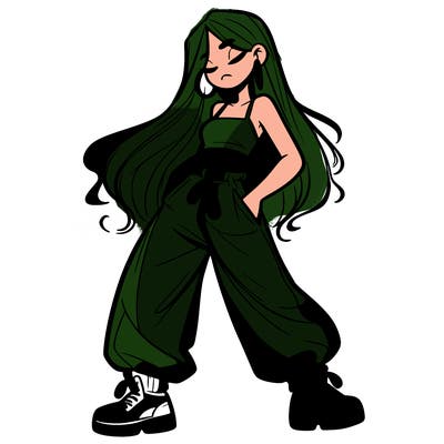 girl in baggy pants crop top and long hair