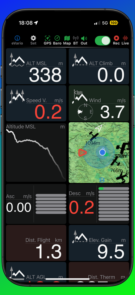 eVario2  - Variometer Pro - Panel de control de cabina de vuelo eVario2 que muestra datos de altitud, velocidad del viento y mapa topográfico en tiempo real