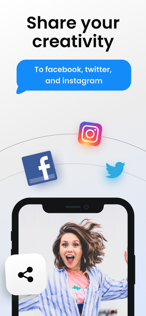 Speech Bubble: Photo Captions - Screen showing social media sharing options for Speech Bubble Photo Captions app to Facebook Twitter and Instagram