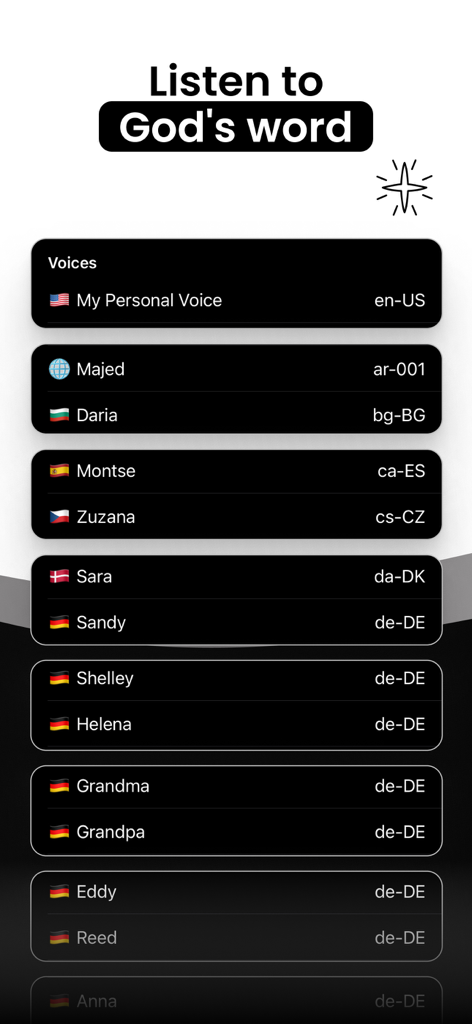 Bible: Chat, Widgets, Audio - A menu in the Bible app showing a list of different voices and languages available for listening to the Bible audio.
