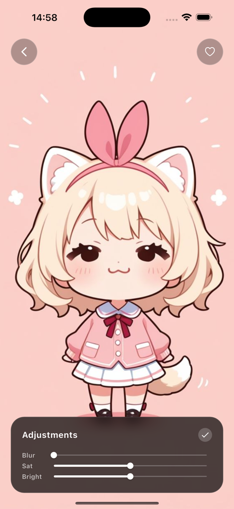 Shimeji Anime Wallpaper 4K - Interface do aplicativo Shimeji Anime Wallpaper 4K mostrando uma gatinha chibi fofa com controles deslizantes de brilho e saturação