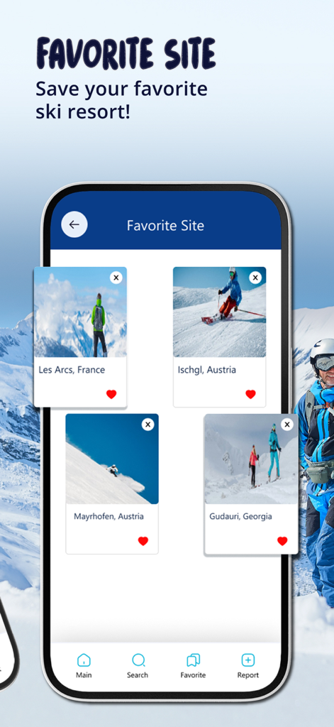 SnowBuzz - Interfaz de la aplicación SnowBuzz mostrando las estaciones de esquí favoritas de un usuario