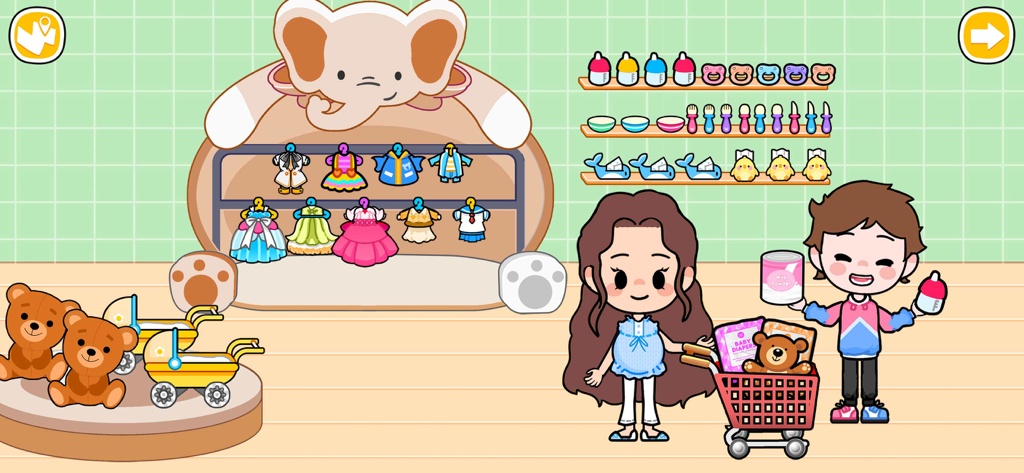 Eine schwangere Figur und ein Junge kaufen Babyartikel und Spielzeug in einem farbenfrohen Kinderladen