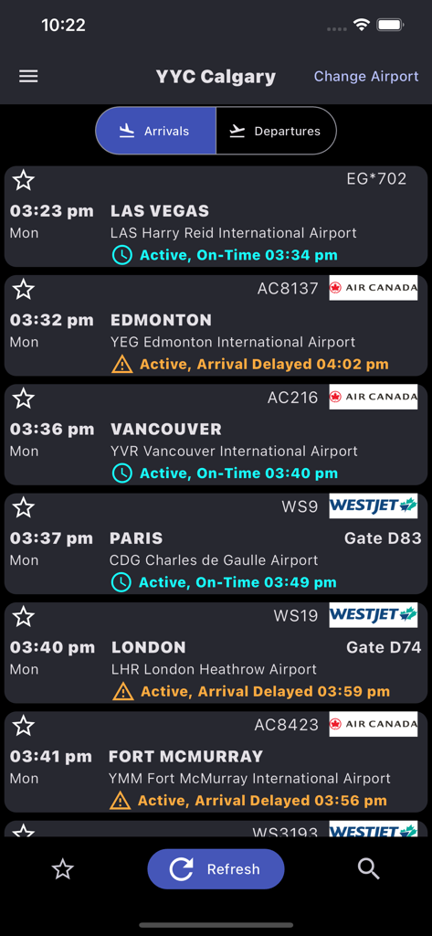 Mobile app interface displaying a list of real-time flight arrivals at Calgary Airport including status and gate details.