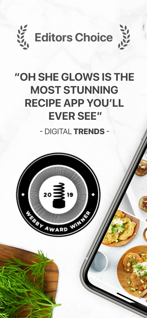 Promotional screen for Oh She Glows app featuring Editors Choice and Webby Award winner badges