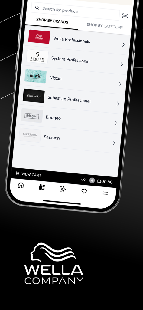 A smartphone display of the Wella App showing a list of professional hair care brands including Wella Professionals, System Professional, and Nioxin for stylists to browse.