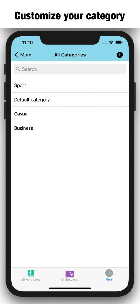 My Clothes And Wardrobe- Dress - Tela de smartphone exibindo categorias de roupas personalizadas como esportiva e social em um aplicativo de guarda-roupa virtual