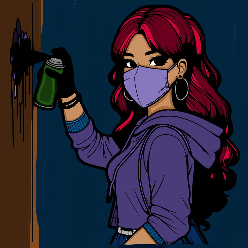 realistic girl with mask spray painting a wall