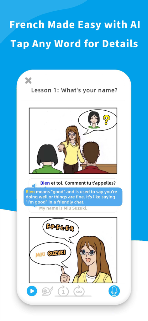 Learn French- For Beginners - Pantalla de lección de la aplicación Aprender francés que muestra un diálogo interactivo y una ventana emergente de traducción de palabras
